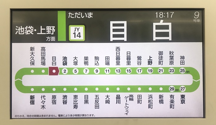 JR山手線の目白駅からの所要時間