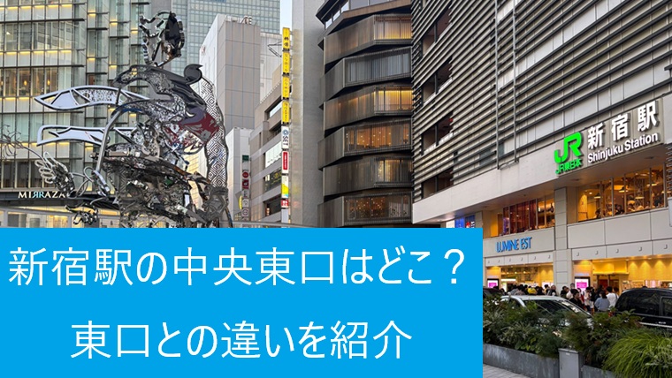 新宿駅中央東口の地上出口前にある花尾さん広場（新宿東口駅前広場）の全景とJR新宿駅の看板