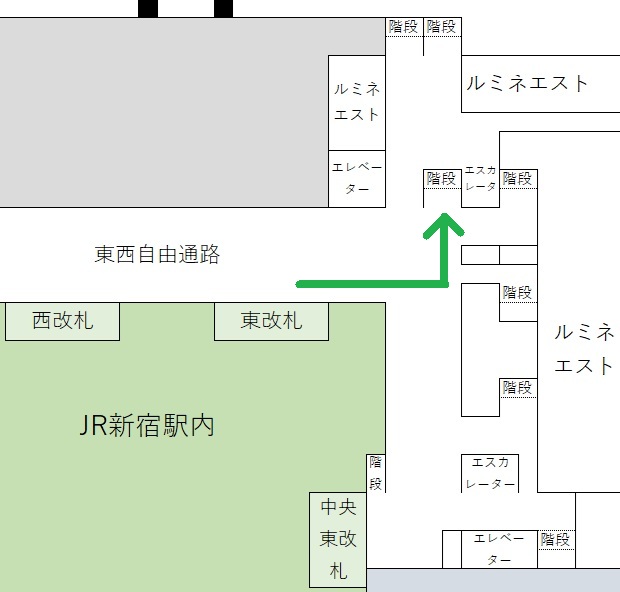 JR新宿駅 東口地下1階の構内図。東改札、中央東改札、東西自由通路、ルミネエスト、地上への階段・エレベーターの位置関係図