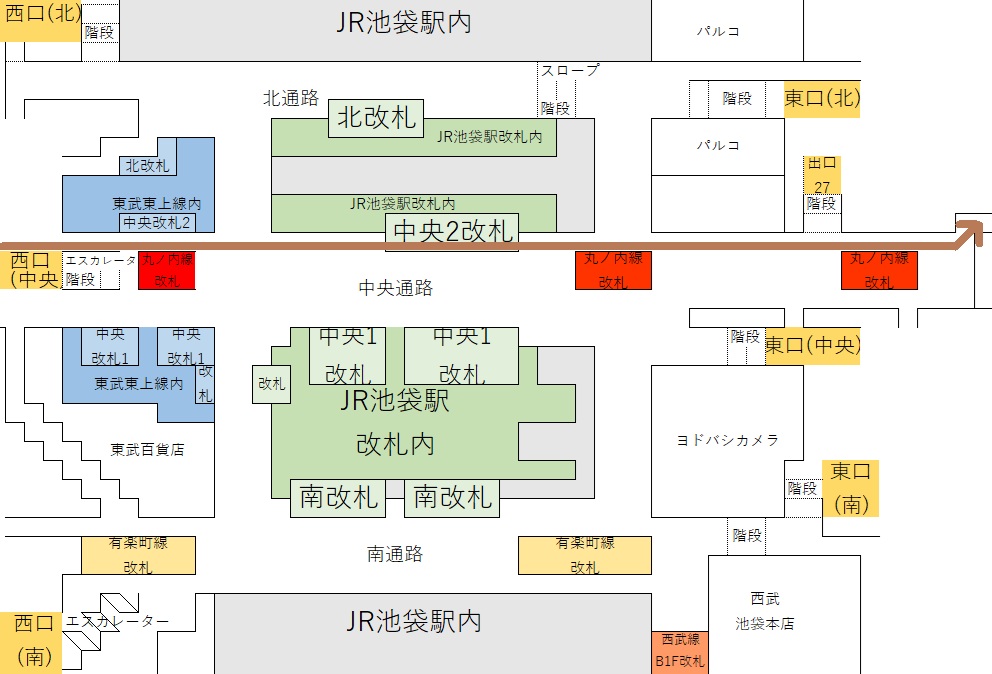 池袋駅地下構内図。東武東上線付近から35番出口方面への経路を矢印で示す(副都心線ルートの一部)