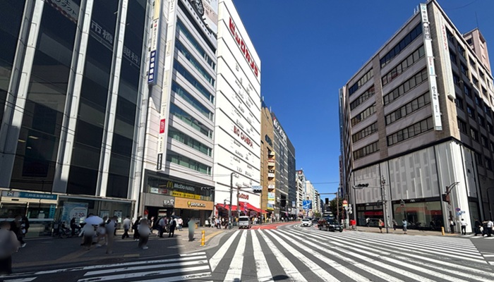 池袋駅23番出口を出て正面に見える横断歩道とビックカメラ・明治通り沿いの景色