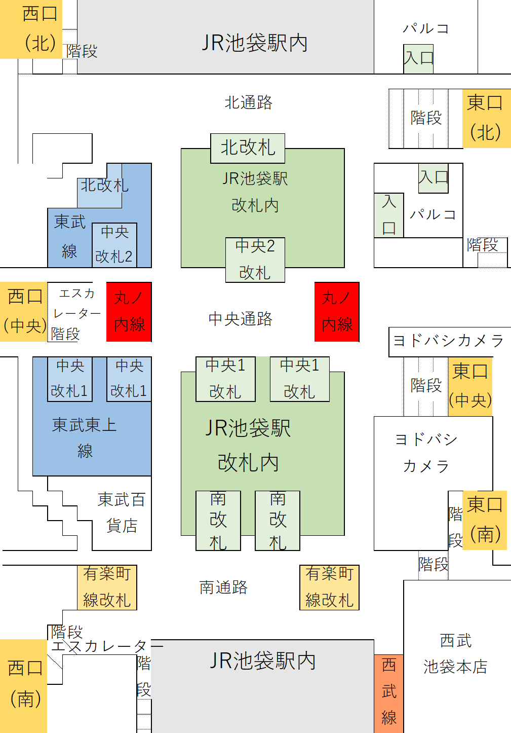 池袋駅の改札から出口・パルコ方面の位置関係を示した構内図